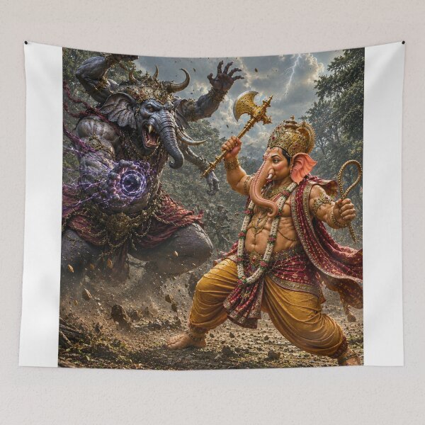 Item preview, ord Ganesha Defeats Gajamukhasura Series – The Battle of Wisdom and Pride. The Great Battle – Wisdom Triumphs Over Arrogance designed and sold by Homyar.