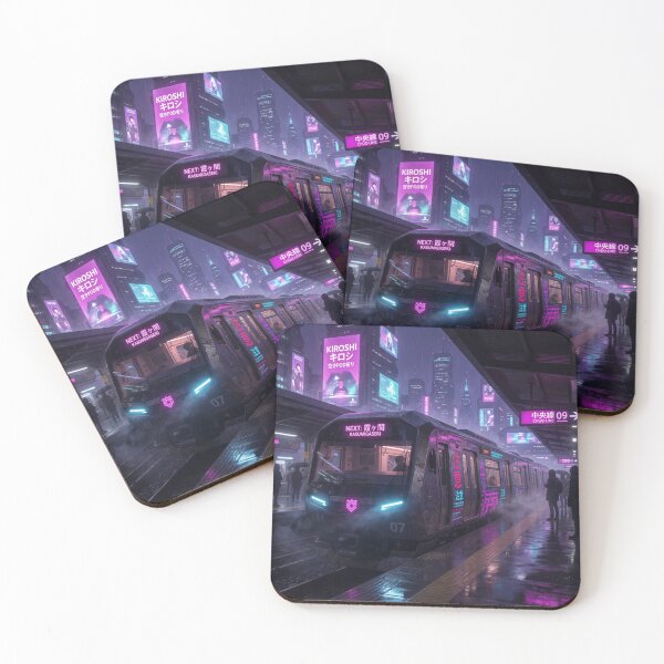 Item preview, Cyberpunk Train at Rainy Neon Station designed and sold by Pioneer Spirit Market.