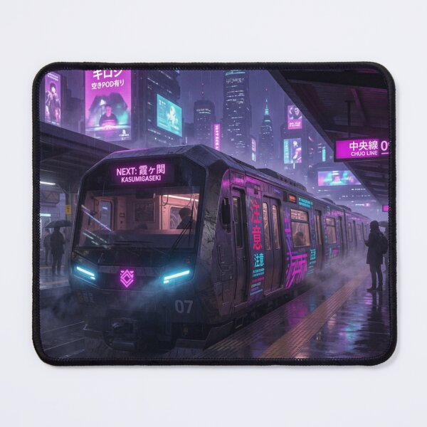 Item preview, Cyberpunk Train at Rainy Neon Station designed and sold by Pioneer Spirit Market.