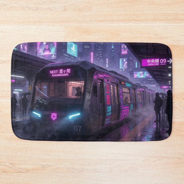Item preview, Cyberpunk Train at Rainy Neon Station designed and sold by Pioneer Spirit Market.