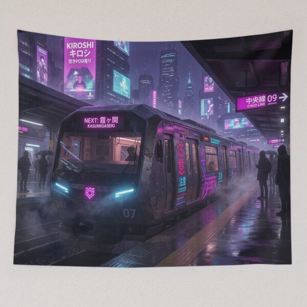 Item preview, Cyberpunk Train at Rainy Neon Station designed and sold by Pioneer Spirit Market.