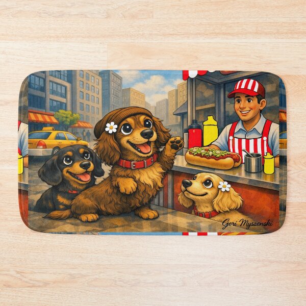 Item preview, Hot Dog Trio – Dachshunds at the City Stand designed and sold by The Art Queen Of Michigan .