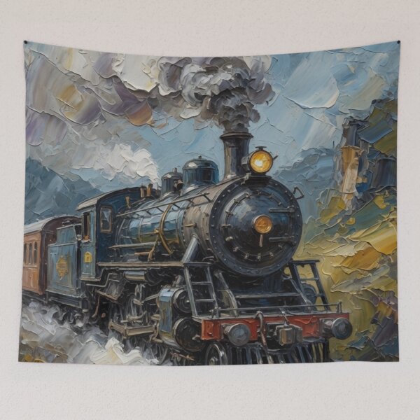 Item preview, Steam Locomotive in Mountainous Landscape Oil Painting designed and sold by Pioneer Spirit Market.