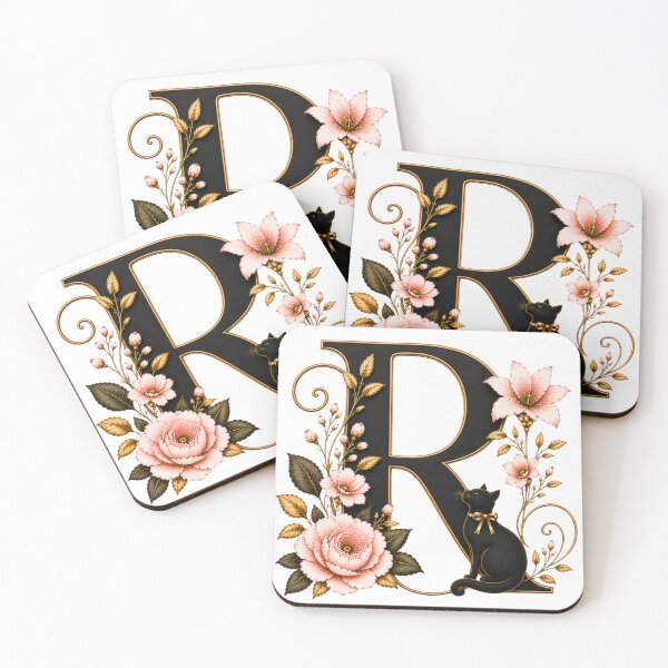 Item preview, Floral Letter R with Black Cat | Elegant Botanical Monogram | Vintage Alphabet Initial designed and sold by MoodLay.