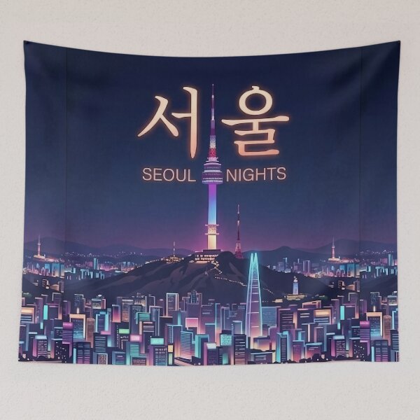 Item preview, Seoul Night Neon Glow Art Print with Tower Skyline by SOO designed and sold by SOOstudio73.