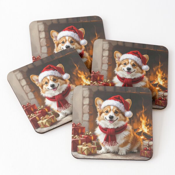 Item preview, Christmas Corgi in Front of a Cozy Fireplace designed and sold by Maria Dryfhout.