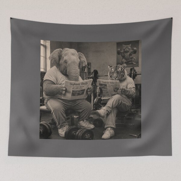 Item preview, Elephant Daily Gym Club | Vintage Elephant & Tiger Reading Newspaper | Funny Retro Animal Fitness Photo designed and sold by HOUSE OF TIST.