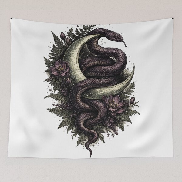 Item preview, Snake Crescent Moon Dark Mystical Witchy Tattoo Style Design designed and sold by irfanshikh.