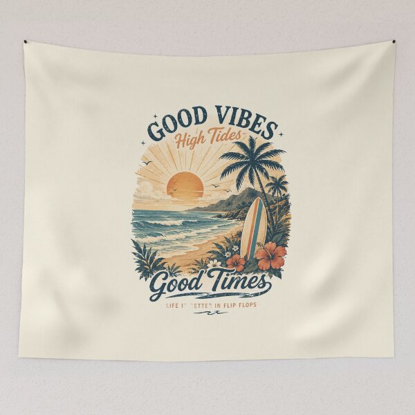 Item preview, Good Vibes High Tides Good Times Vintage Surf - Retro Beach Palms designed and sold by NinaVibeStudio.