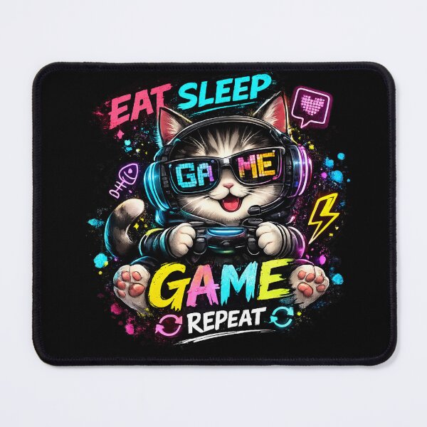 Item preview, Cute Gaming Cat Sticker | Eat Sleep Game Repeat Neon Gamer Cat Design designed and sold by Nusha Creations.