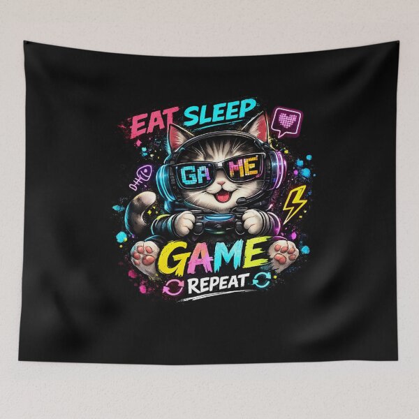 Item preview, Cute Gaming Cat Sticker | Eat Sleep Game Repeat Neon Gamer Cat Design designed and sold by StickyDelights.