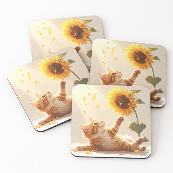 Item preview, Orange Cat Playing Under Falling Sunflower Petals designed and sold by OksArtStudio.