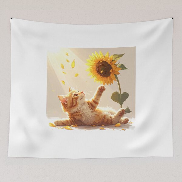 Item preview, Orange Cat Playing Under Falling Sunflower Petals designed and sold by OksArtStudio.