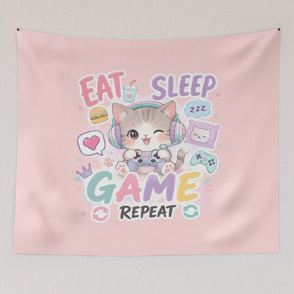 Item preview, Eat Sleep Game Repeat Cute Gamer Cat Sticker | Pastel Kawaii Gaming Design designed and sold by Nusha Creations.