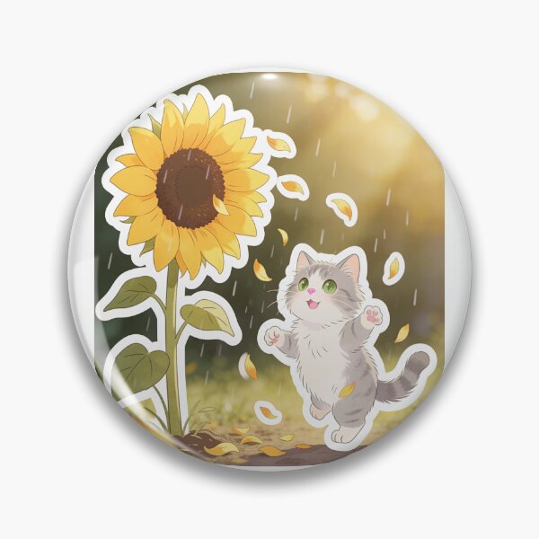 Item preview, Happy Gray Cat Dancing Under a Giant Sunflower in the Rain designed and sold by OksArtStudio.