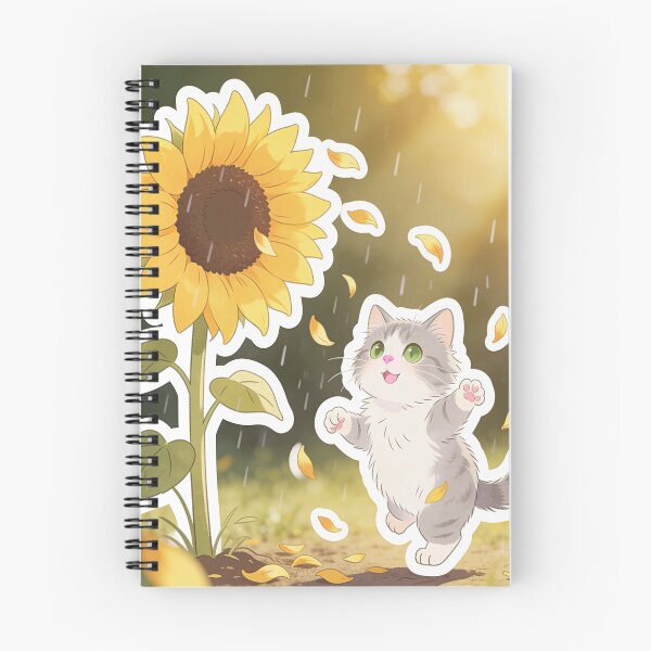 Item preview, Happy Gray Cat Dancing Under a Giant Sunflower in the Rain designed and sold by OksArtStudio.
