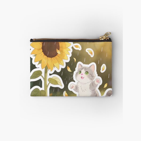 Item preview, Happy Gray Cat Dancing Under a Giant Sunflower in the Rain designed and sold by OksArtStudio.