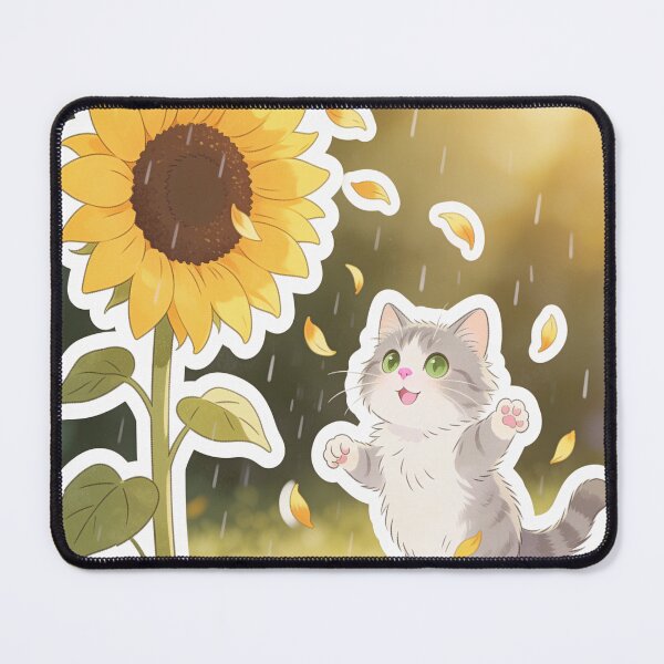 Item preview, Happy Gray Cat Dancing Under a Giant Sunflower in the Rain designed and sold by OksArtStudio.