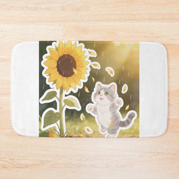 Item preview, Happy Gray Cat Dancing Under a Giant Sunflower in the Rain designed and sold by OksArtStudio.