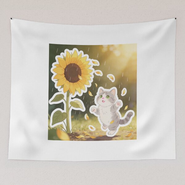 Item preview, Happy Gray Cat Dancing Under a Giant Sunflower in the Rain designed and sold by OksArtStudio.