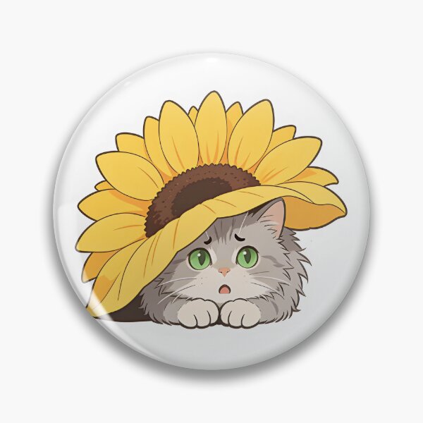 Item preview, Gray Cat with Green Eyes Hiding Under a Sunflower Hat  designed and sold by OksArtStudio.