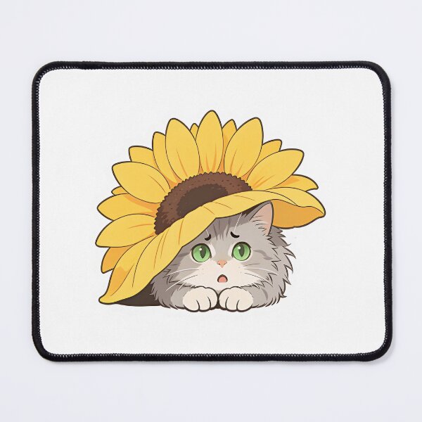 Item preview, Gray Cat with Green Eyes Hiding Under a Sunflower Hat  designed and sold by OksArtStudio.