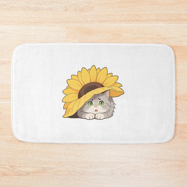 Item preview, Gray Cat with Green Eyes Hiding Under a Sunflower Hat  designed and sold by OksArtStudio.