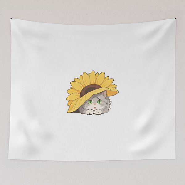Item preview, Gray Cat with Green Eyes Hiding Under a Sunflower Hat  designed and sold by OksArtStudio.