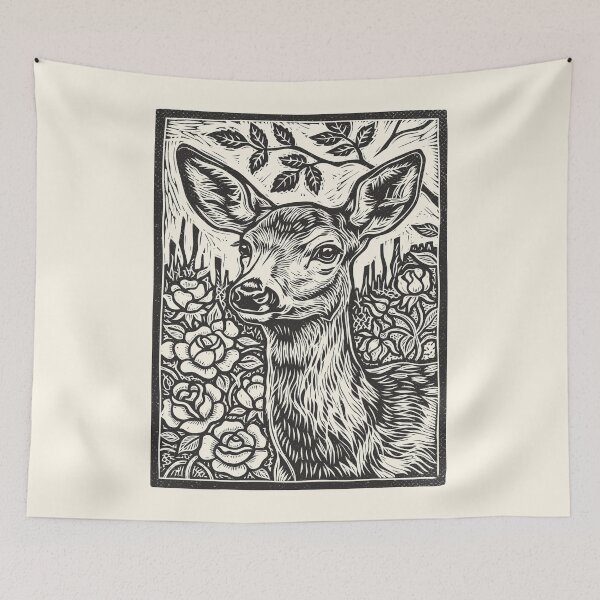 Item preview, Floral Deer Linocut Style Vintage Woodland Animal designed and sold by Y-Vibes.