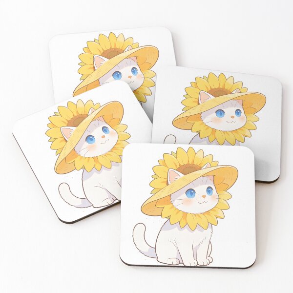 Item preview, White Cat with Blue Eyes in a Sunflower Hat designed and sold by OksArtStudio.