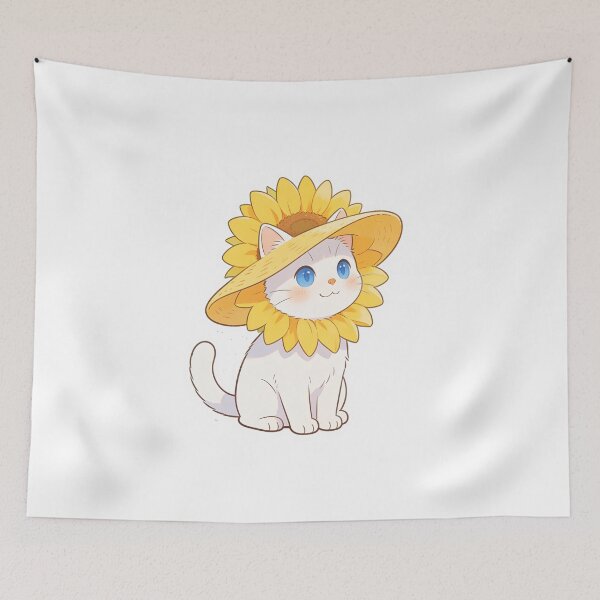 Item preview, White Cat with Blue Eyes in a Sunflower Hat designed and sold by OksArtStudio.
