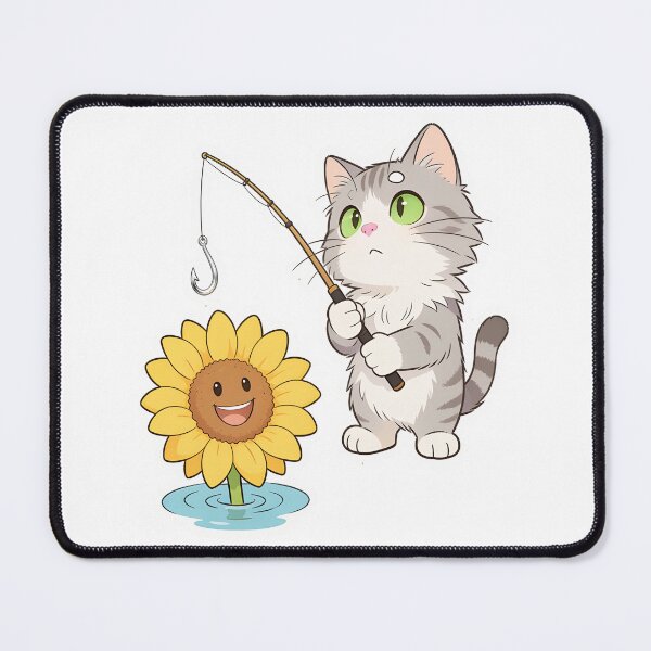 Item preview, Gray Cat Fishing in a Pond and Catching a Happy Sunflower designed and sold by OksArtStudio.