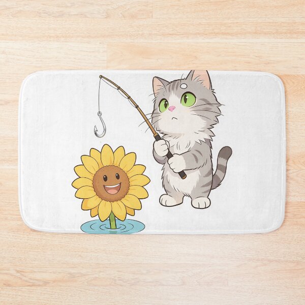 Item preview, Gray Cat Fishing in a Pond and Catching a Happy Sunflower designed and sold by OksArtStudio.