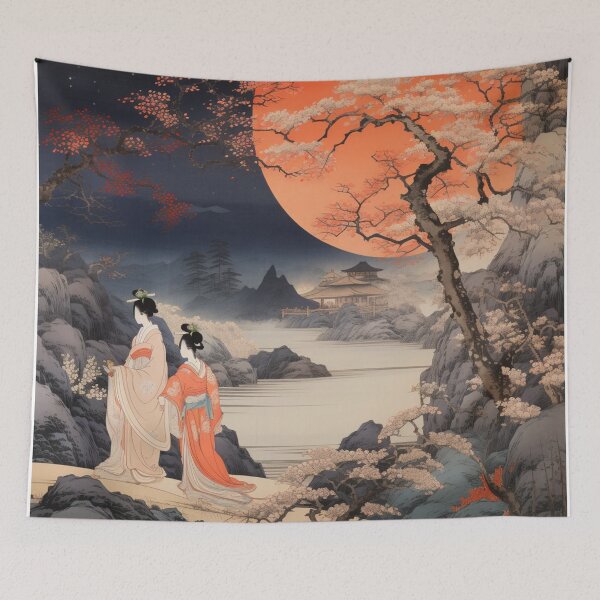 Item preview, Traditional Japanese Illustration - Two Girls Going for a Walk During a Blood Moon designed and sold by DaisukiTokyo.