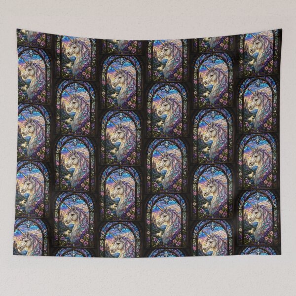 Item preview, Unicorn Stained Glass Window Fantasy Cathedral Art designed and sold by pinkal.