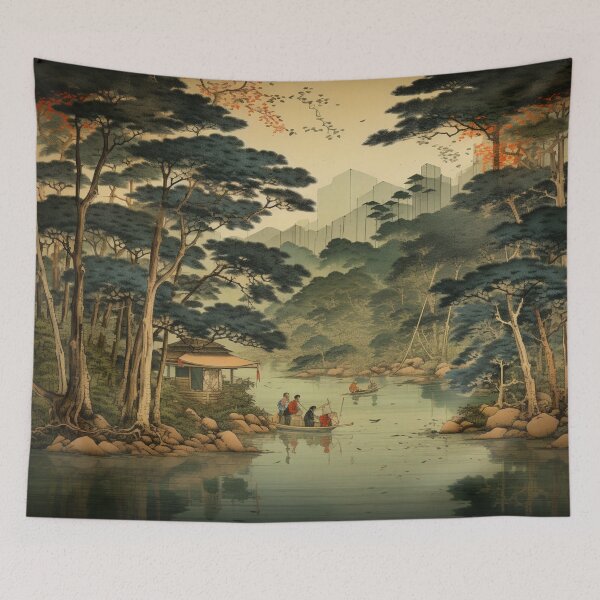 Item preview, Traditional Japanese Illustration - People Sailing in a Stream in a Forest designed and sold by DaisukiTokyo.