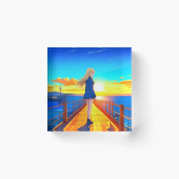 Item preview, Anime Blonde Girl on Wooden Pier at Golden Sunset Ocean designed and sold by UmSkelig834.