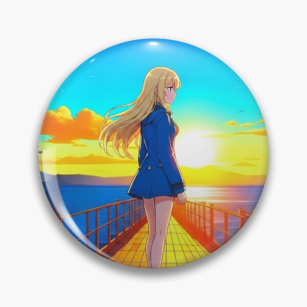 Item preview, Anime Blonde Girl on Wooden Pier at Golden Sunset Ocean designed and sold by UmSkelig834.