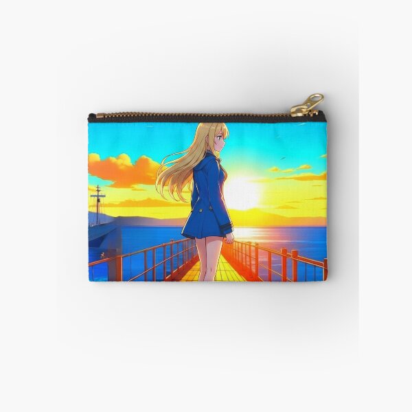 Item preview, Anime Blonde Girl on Wooden Pier at Golden Sunset Ocean designed and sold by UmSkelig834.