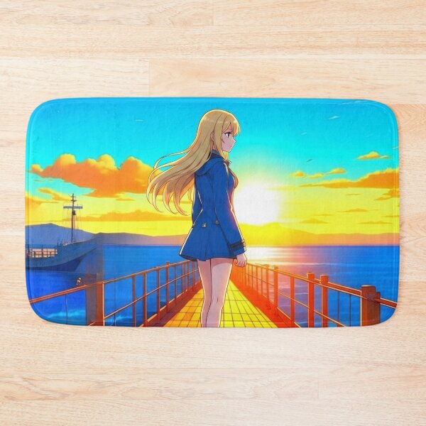Item preview, Anime Blonde Girl on Wooden Pier at Golden Sunset Ocean designed and sold by UmSkelig834.