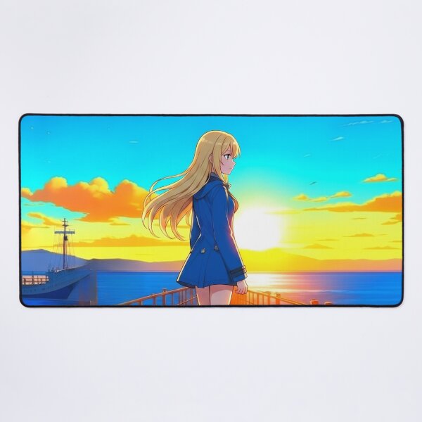 Item preview, Anime Blonde Girl on Wooden Pier at Golden Sunset Ocean designed and sold by UmSkelig834.