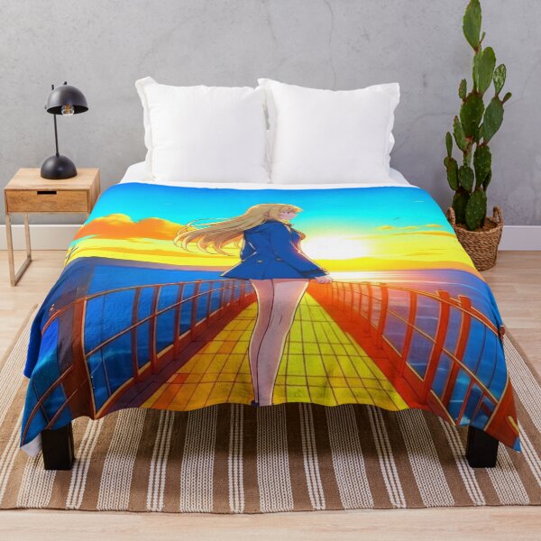 Item preview, Anime Blonde Girl on Wooden Pier at Golden Sunset Ocean designed and sold by UmSkelig834.
