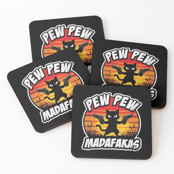 Aperçu de l'œuvre Pew Pew Madafakas Pistolet à chat Design coucher de soleil créée et vendue par TshirtsOnline-.