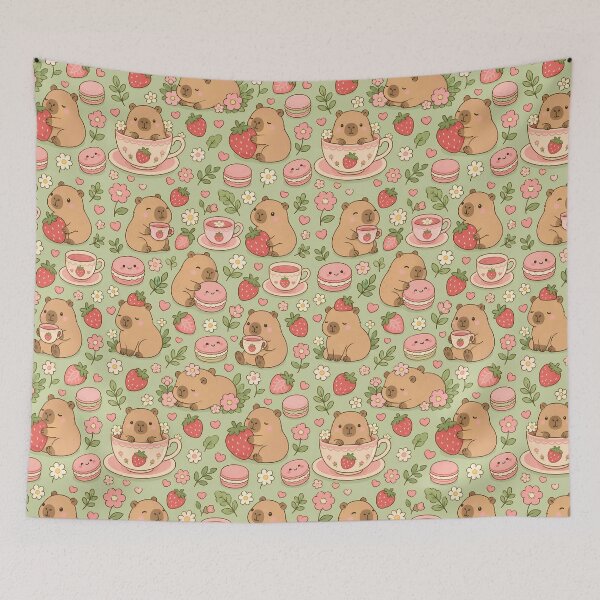 Item preview, Capybara Strawberry Tea Kawaii Pattern designed and sold by Soft Berry Studio.