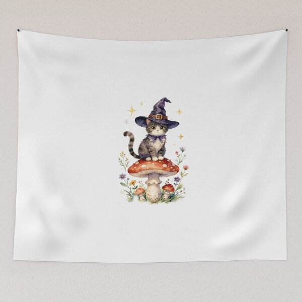 Item preview, Cute Witch Cat on Mushroom Watercolor Illustration designed and sold by Artgirldhanya.