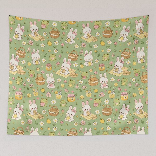 Aperçu de l'œuvre Motif kawaii Lapin Grenouille Citron Pique-nique créée et vendue par Soft Berry Studio.