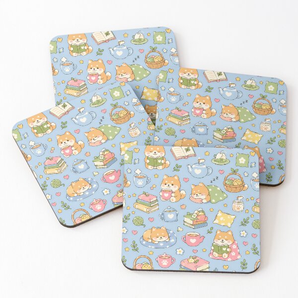 Item preview, Shiba Inu Cozy Reading Tea Kawaii Pattern designed and sold by Soft Berry Studio.