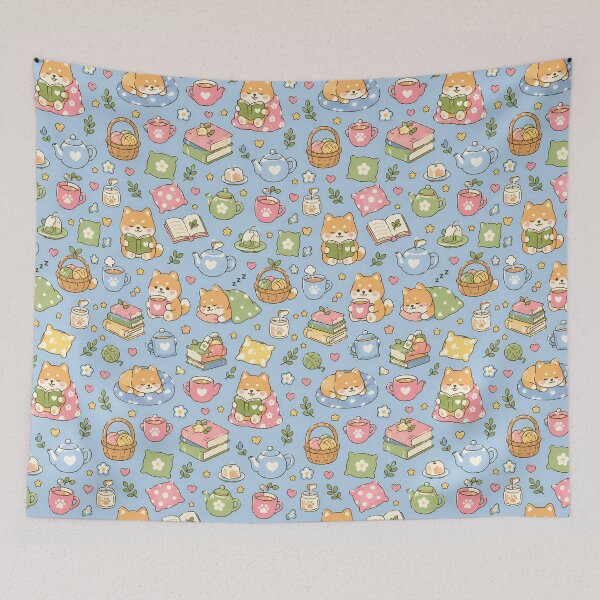 Item preview, Shiba Inu Cozy Reading Tea Kawaii Pattern designed and sold by Soft Berry Studio.