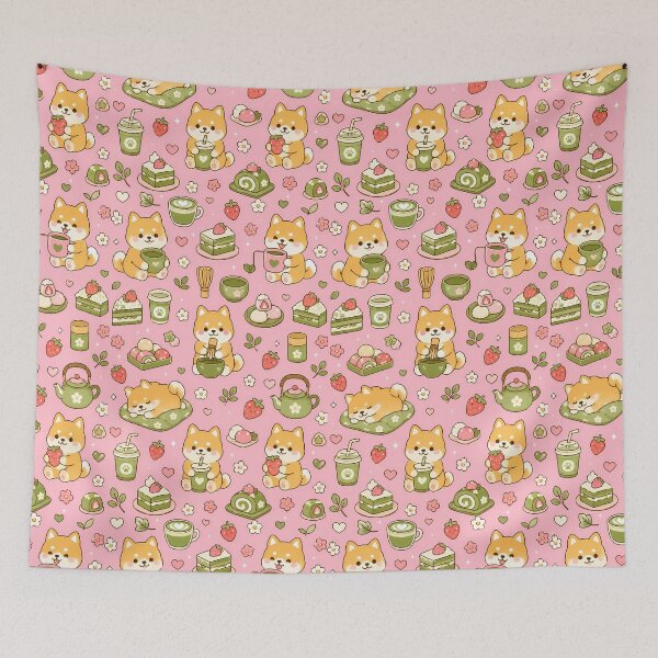 Item preview, Shiba Inu Matcha Strawberry Kawaii Pattern designed and sold by Soft Berry Studio.