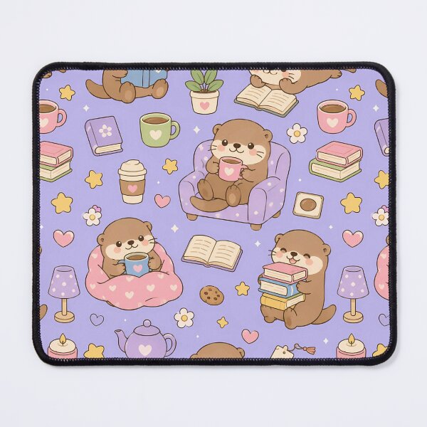 Item preview, Cozy Otter Reading Coffee Kawaii Pattern designed and sold by Soft Berry Studio.